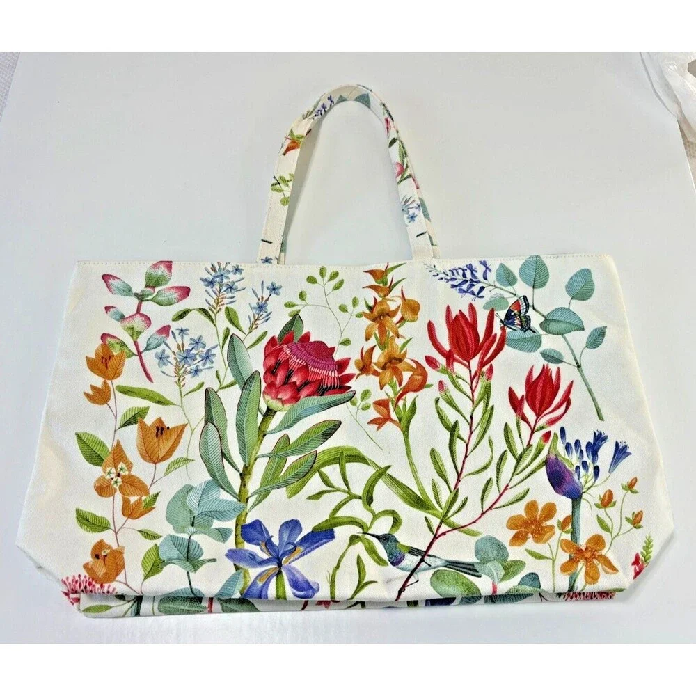 Estee Lauder White Floral Printed Canvas Shopper Tote Bag Mint Green Liner 